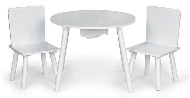 EcoToys Detský kruhový drevený stôl s dvomi stoličkami biely 